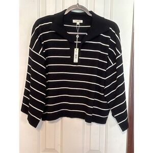 Max Studio Striped Pullover Sweater Collared Knit Top Black White‎ Size S